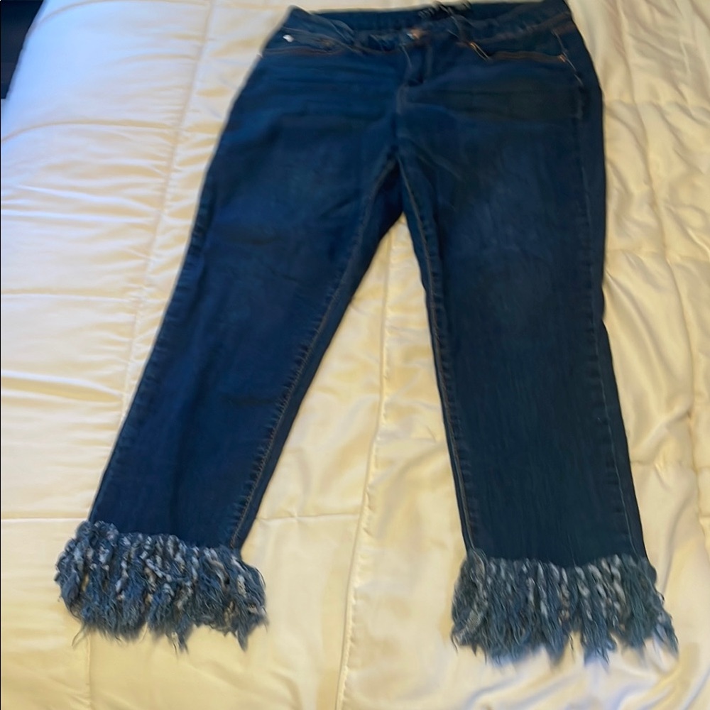 one 5 one Dark Blue Fringed Flare Jeans with fringe nice pants! Size 30x28